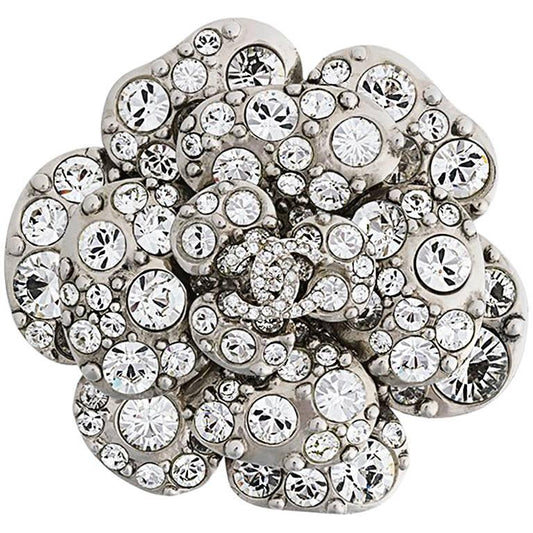 CHANEL Swarovski Crystal Camellia CC Brooch Silver