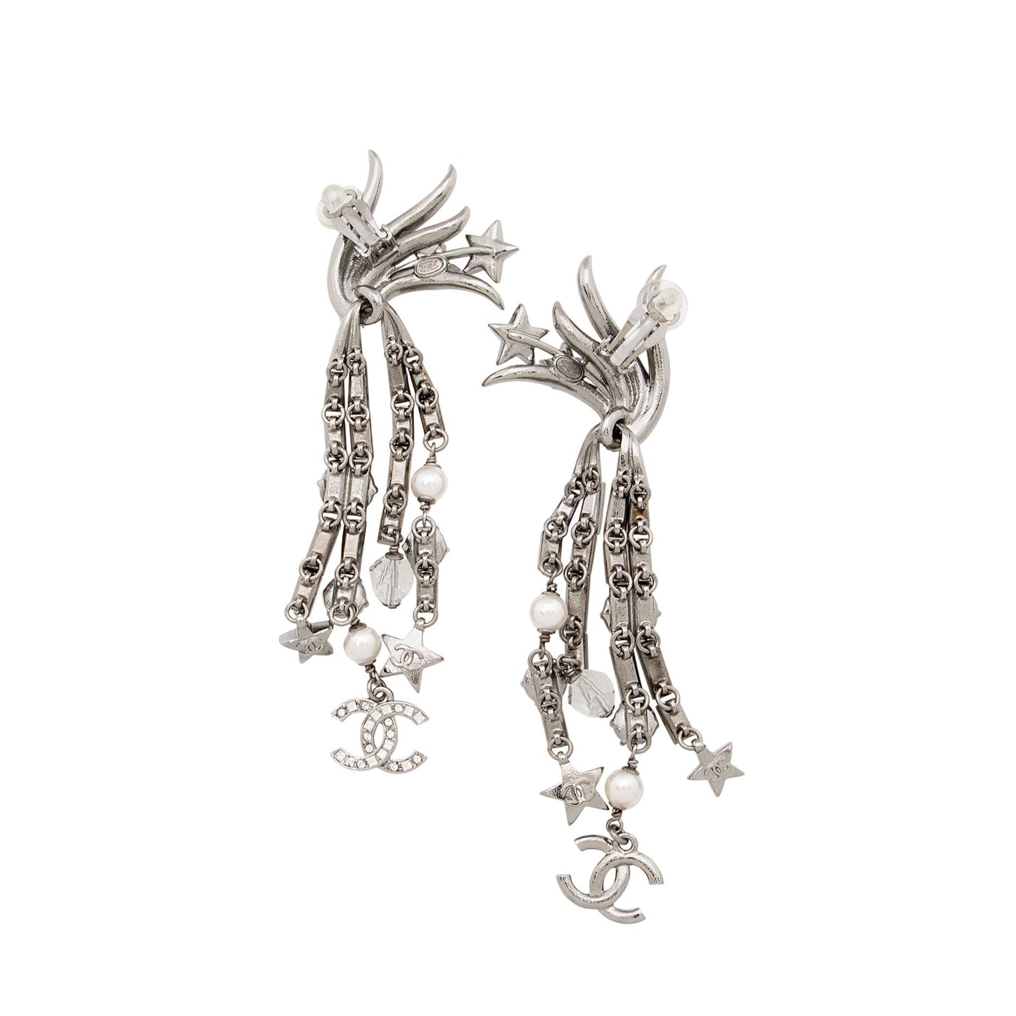 Chanel Crystal Faux Pearl CC Star Drop Clip On Earrings