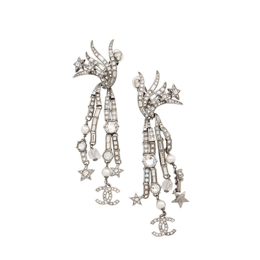 Chanel Crystal Faux Pearl CC Star Drop Clip On Earrings