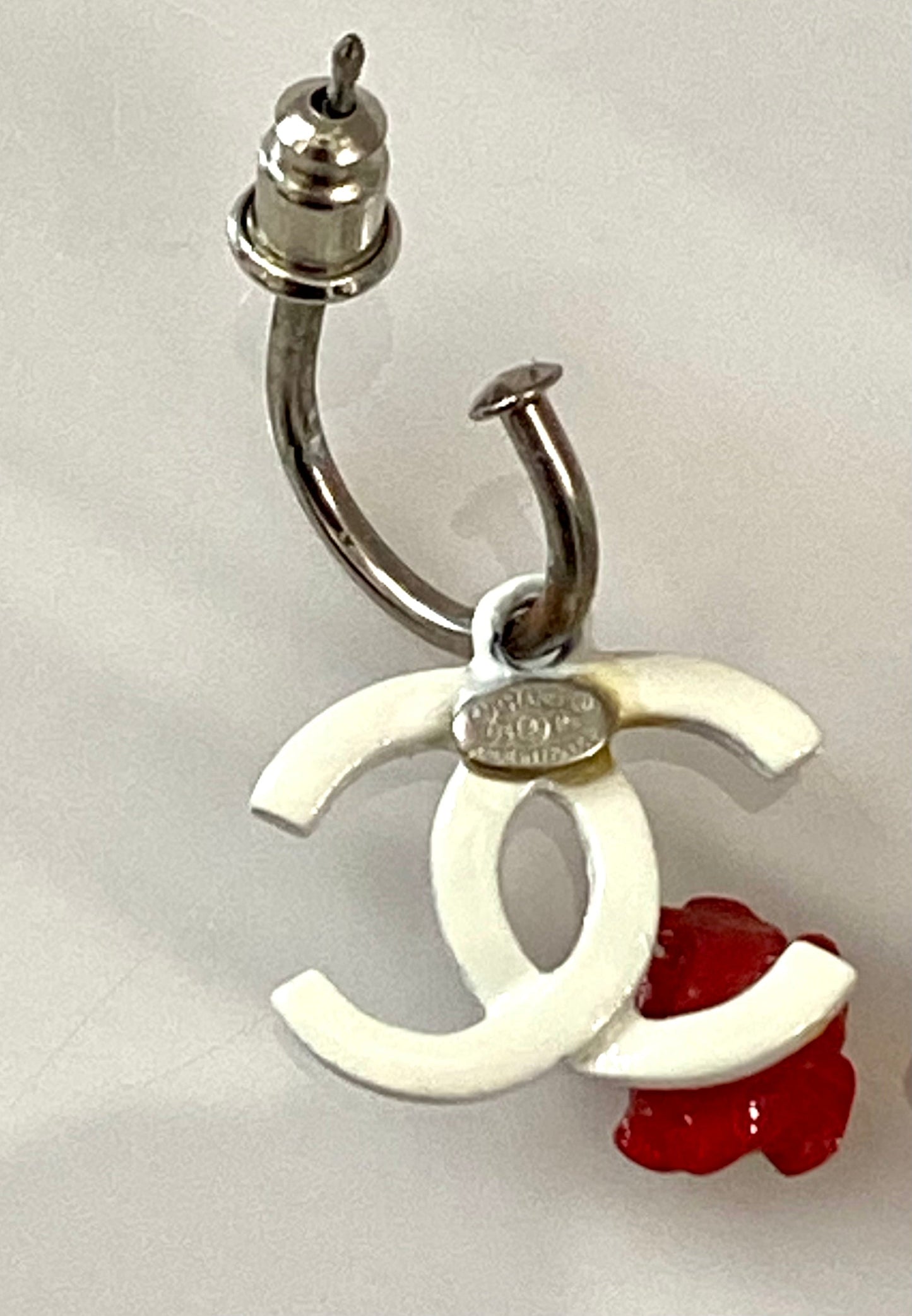 CHANEL SILVER PLATED DANGLE PIERCED EARRINGS
