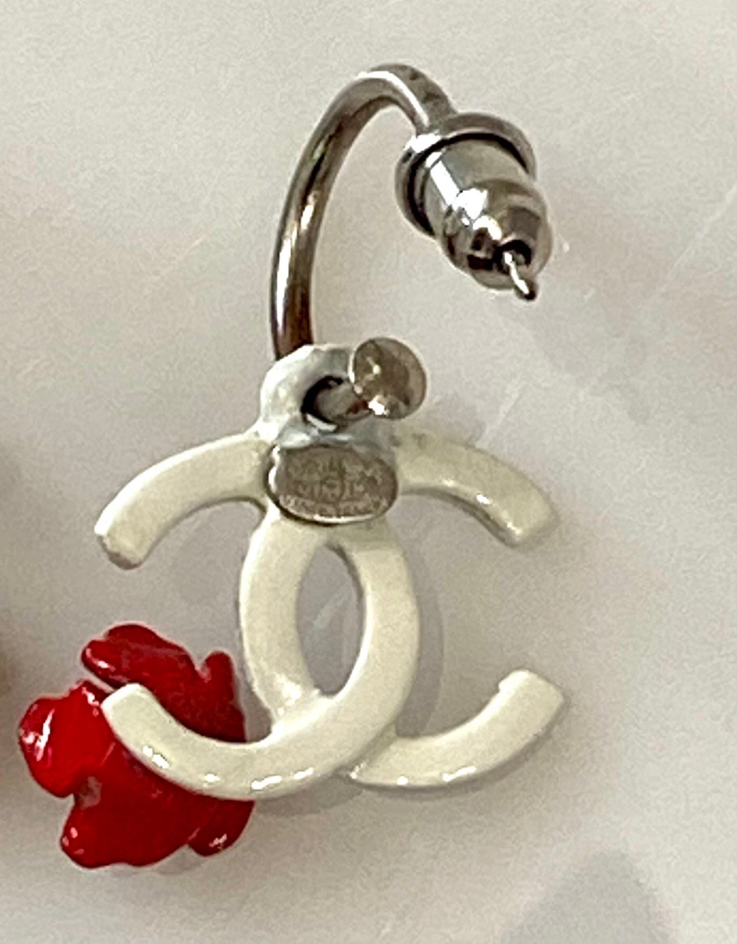 CHANEL SILVER PLATED DANGLE PIERCED EARRINGS