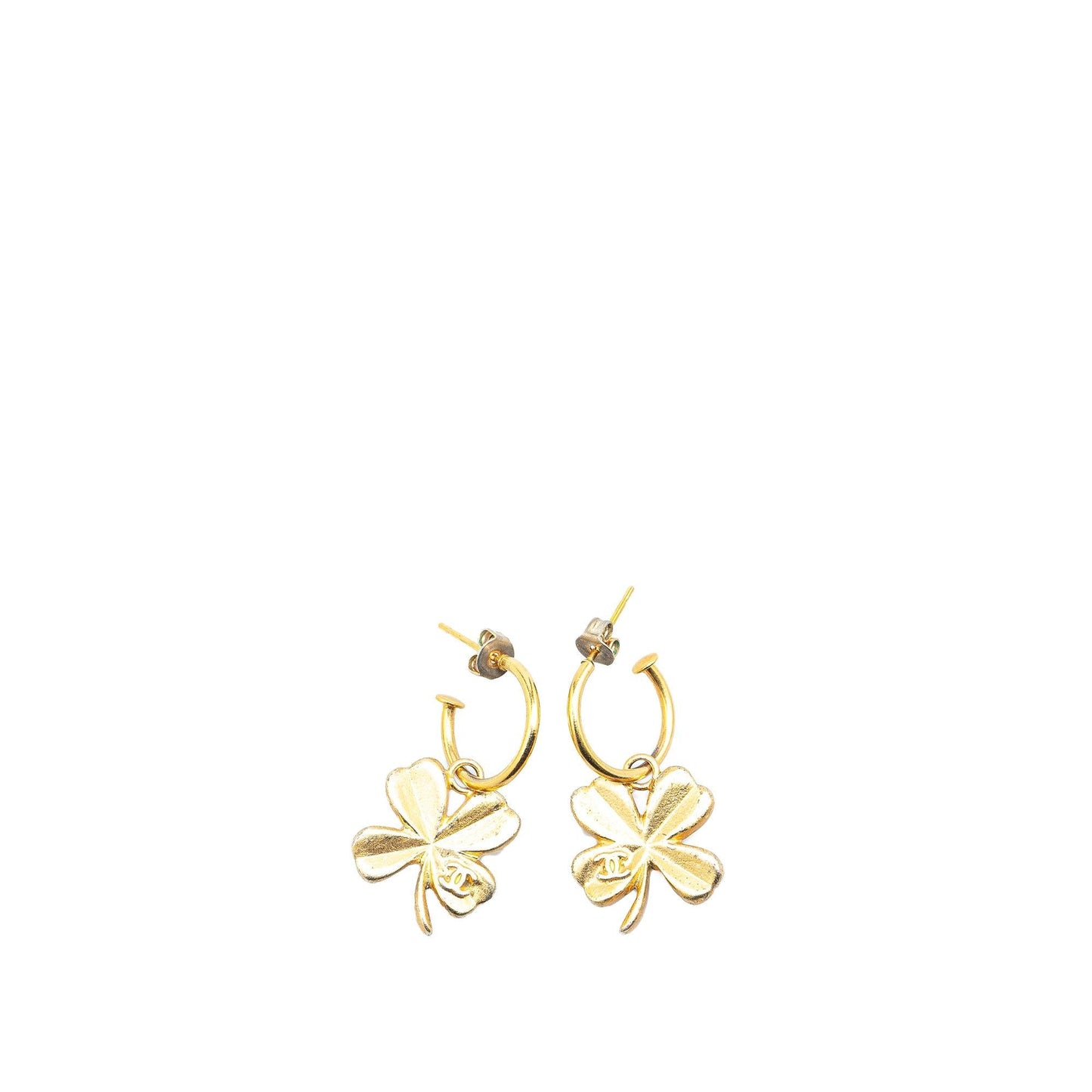 Chanel Gold Plated Clover Hoop Push Back Earrings
