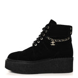 CHANEL CC VELVET LACE-UP CHAIN COMBAT BOOTS