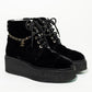 CHANEL CC VELVET LACE-UP CHAIN COMBAT BOOTS