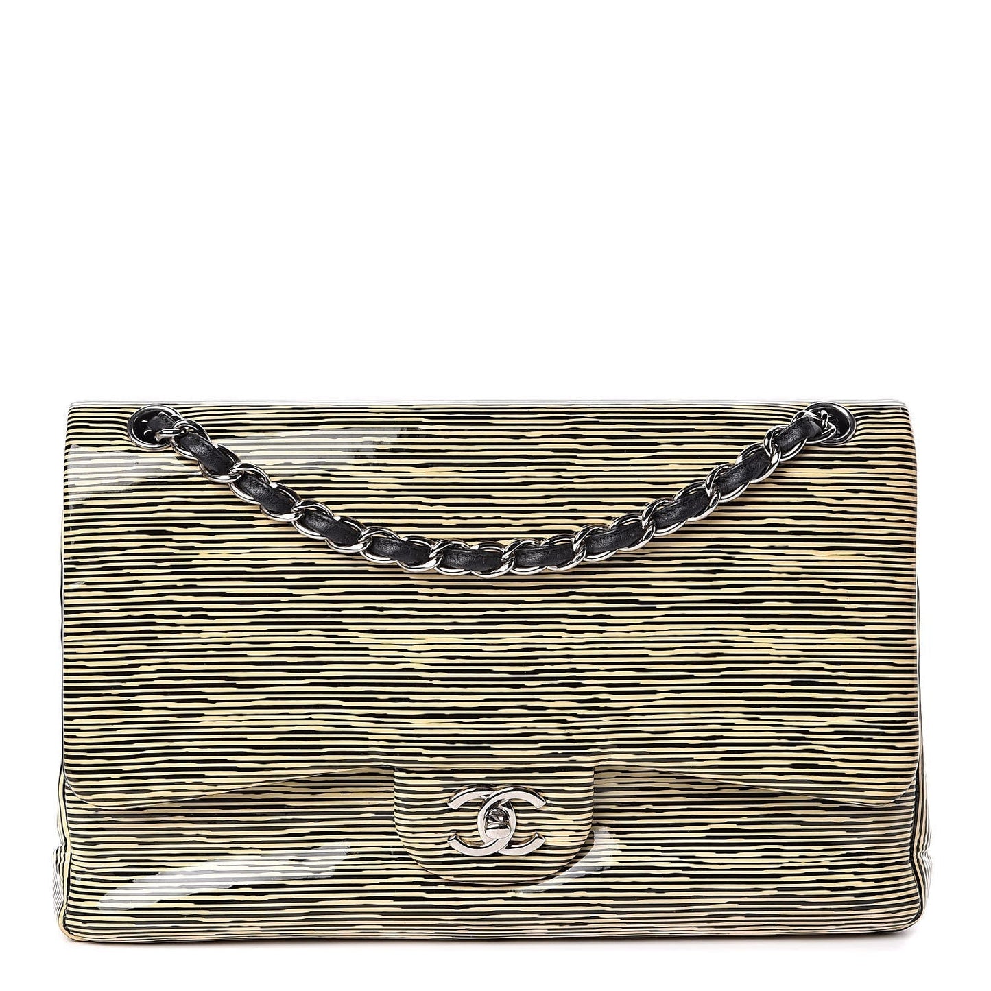 CHANEL Patent Calfskin Striped Jumbo Double Flap