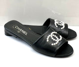 CHANEL CC FAUX PEARL LAMBSKIN SLIDE SANDALS
