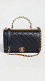CHANEL TWO-TONE CHAIN QUILTED LAMBSKIN TOP HANDLE FLAP BAG
