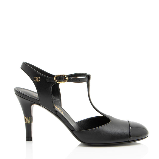 Chanel Lambskin Crystal CC Cap Toe T-Strap Pumps - Size 8.5 / 38.5 (SHF-hgEKsW)