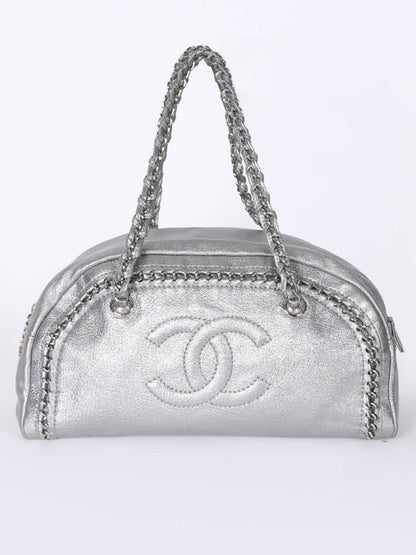 CHANEL LUXE LIGNE METALLIC SILVER LEATHER BOWLER BAG