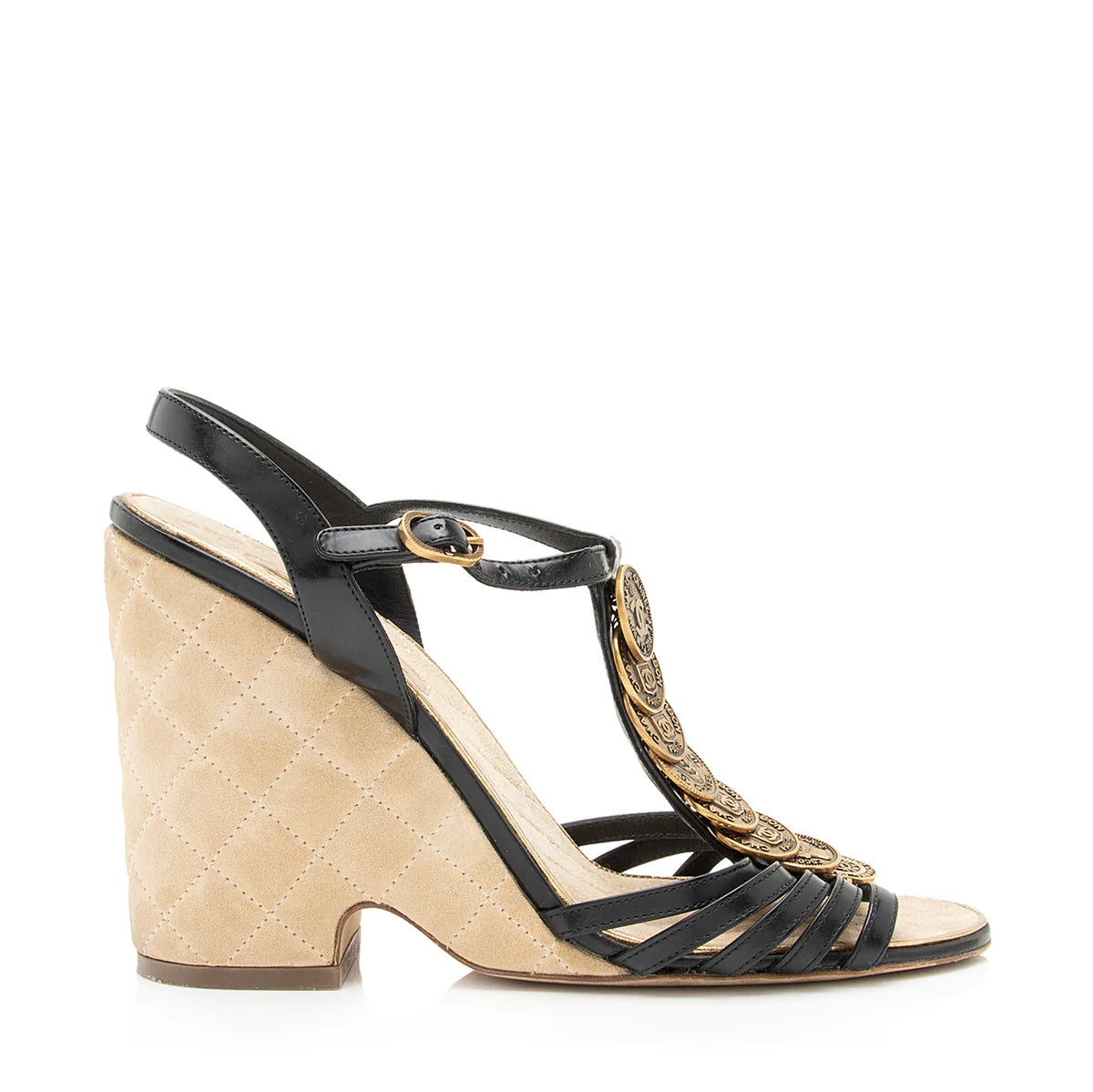 CHANEL MEDALLION QUILTED WEDGE HEEL SANDALS