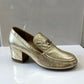 CHANEL CC METALLIC GOLD TEXTURED LEATHER STACKED HEEL LOAFERS