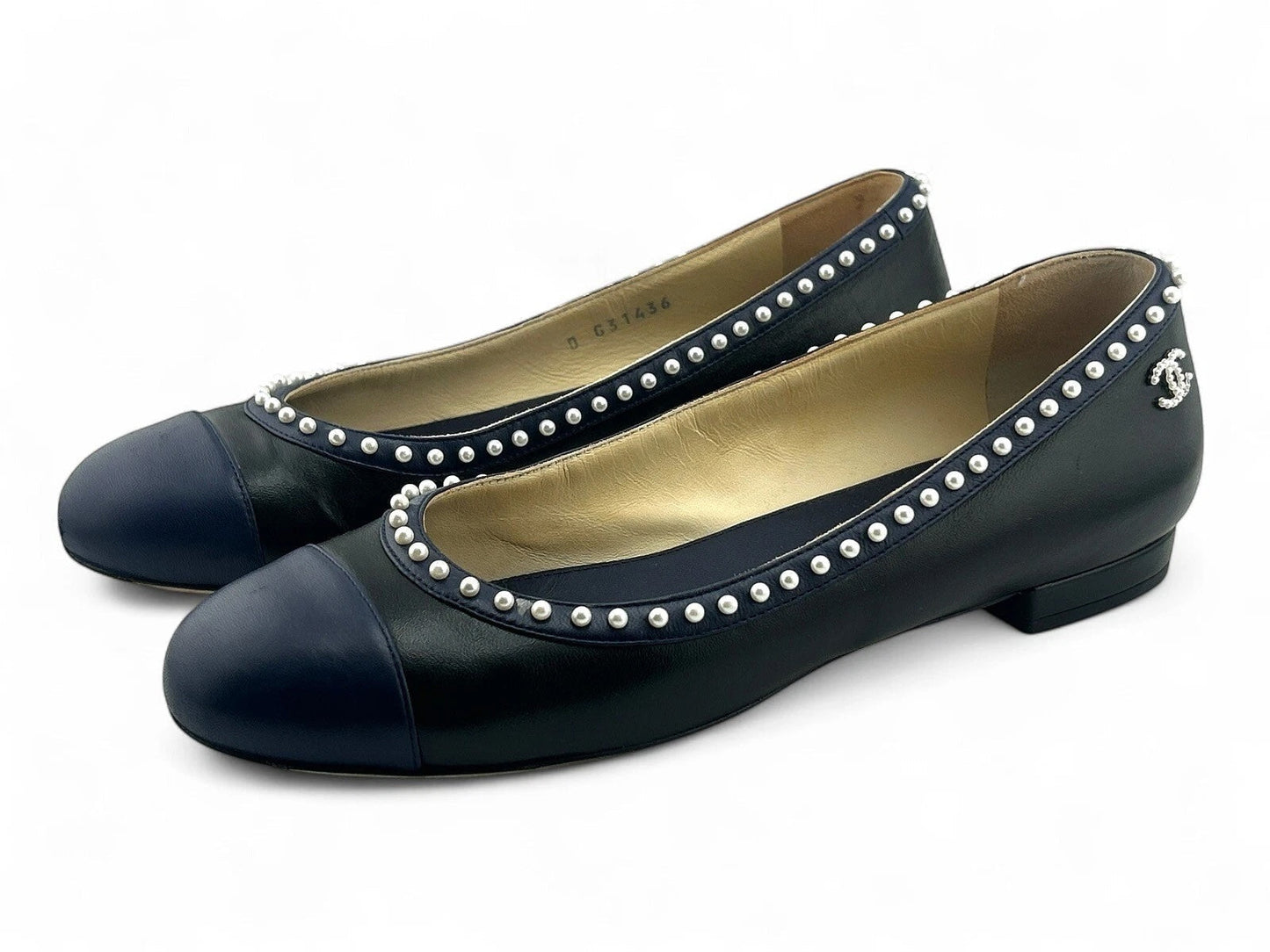 CHANEL LAMBSKIN SATIN PEARL CC CAP TOE BALLET FLATS