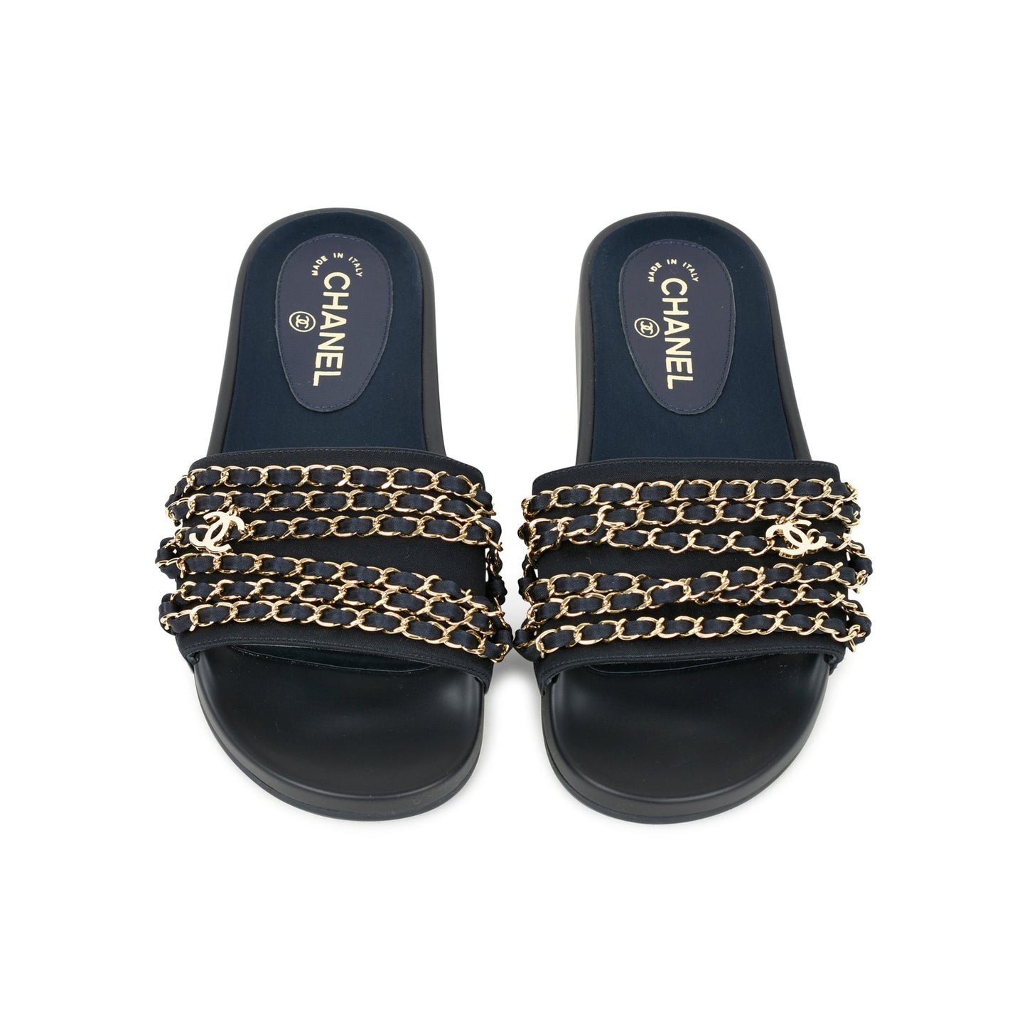 CHANEL TROPICONIC ICONIC GOLD LOGO CHAIN POOL SLIDES