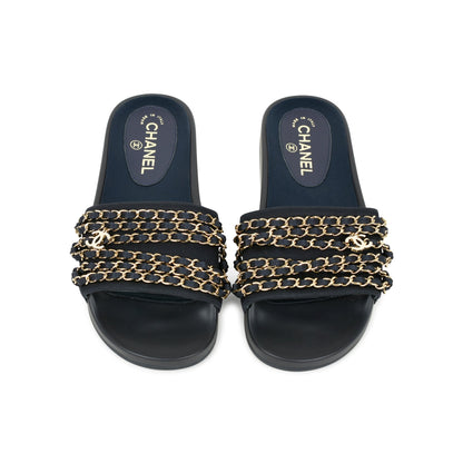 CHANEL TROPICONIC ICONIC GOLD LOGO CHAIN POOL SLIDES