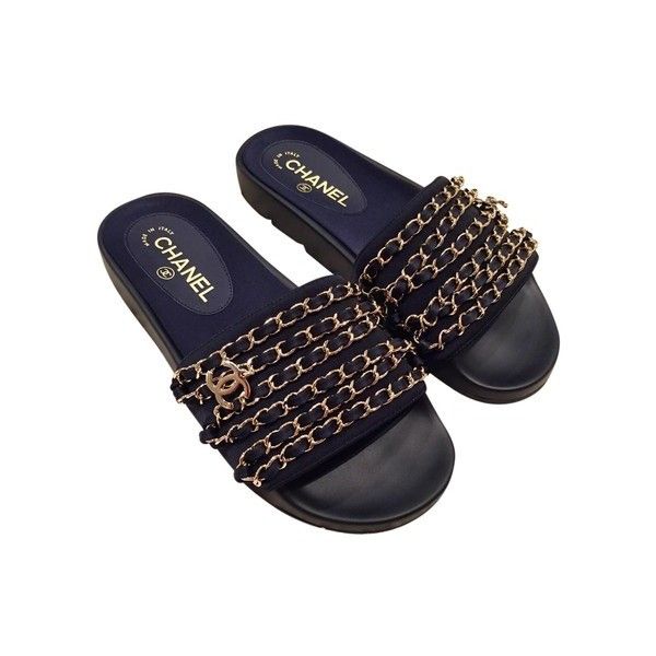 CHANEL TROPICONIC ICONIC GOLD LOGO CHAIN POOL SLIDES