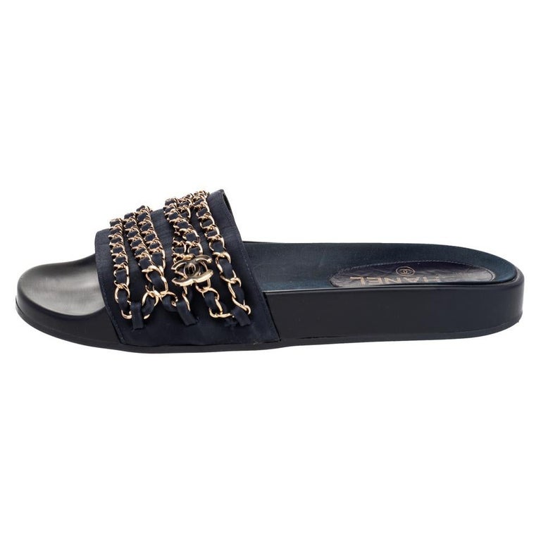 CHANEL TROPICONIC ICONIC GOLD LOGO CHAIN POOL SLIDES