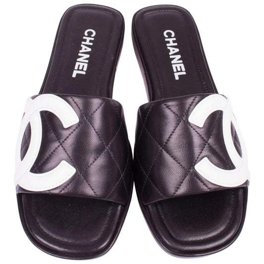 CHANEL QUILTED LEATHER CAMBON CC SLIDE SANDALS
