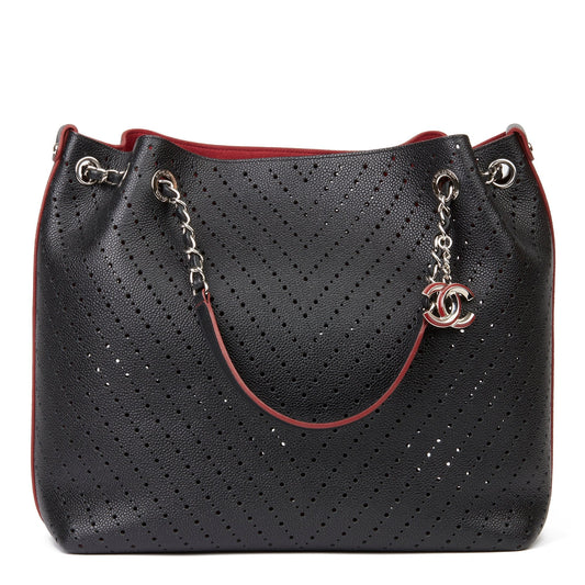 Chanel Perforated Grained Calfskin Accordion Shopping Tote With Pouch