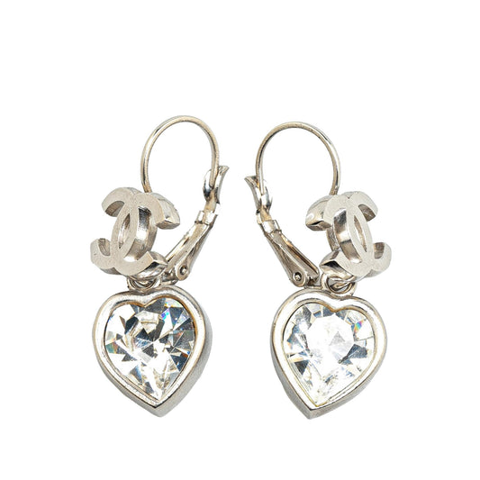 Chanel Silver CC Crystal Heart Drop Lever Back Earrings