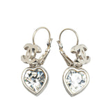 Chanel Silver CC Crystal Heart Drop Lever Back Earrings