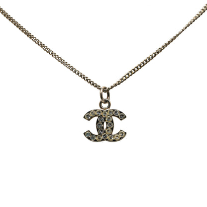 Chanel Silver Plated CC Rhinestones Pendant Necklace