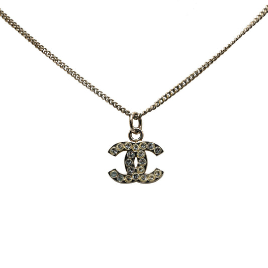 Chanel Silver Plated CC Rhinestones Pendant Necklace