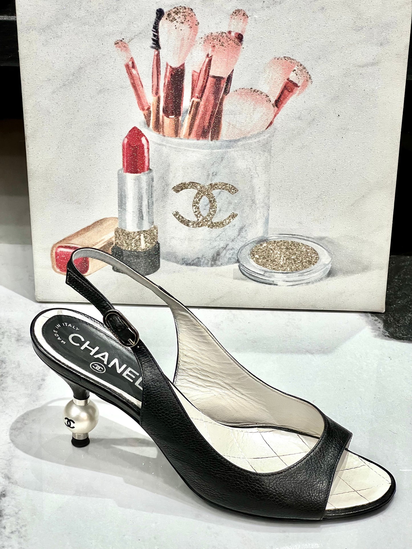 CHANEL CC SLINGBACK SANDAL WITH CC PEARL HEEL