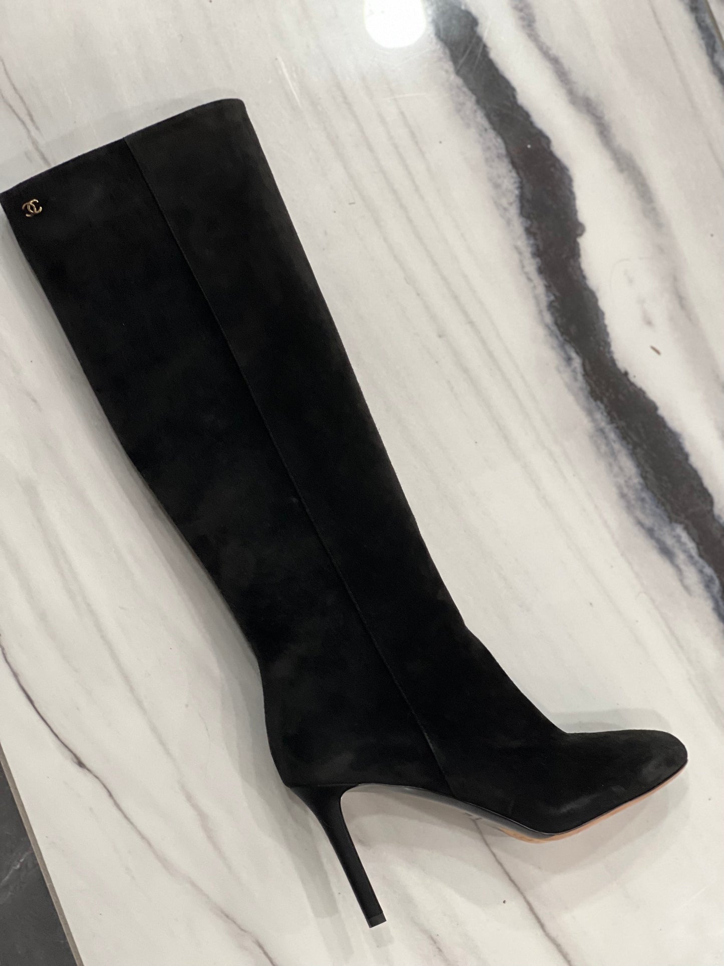 CHANEL CC SUEDE CALFSKIN KNEE HIGH BOOTS