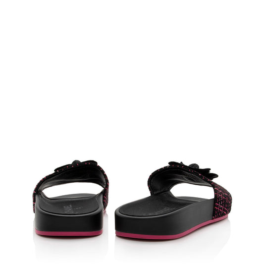 Chanel Tweed And Grosgrain Ribbon Camellia Slide Sandals - Size 8 / 38 (SHF-MS8WJl)