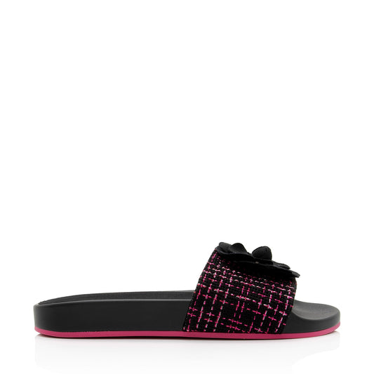 Chanel Tweed And Grosgrain Ribbon Camellia Slide Sandals - Size 8 / 38 (SHF-MS8WJl)