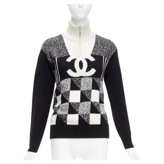CHANEL CC COLORBLOCK QUARTER ZIP CASHMERE SWEATER
