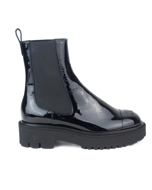 CHANEL PATENT CAP TOE CC ANKLE BOOTS