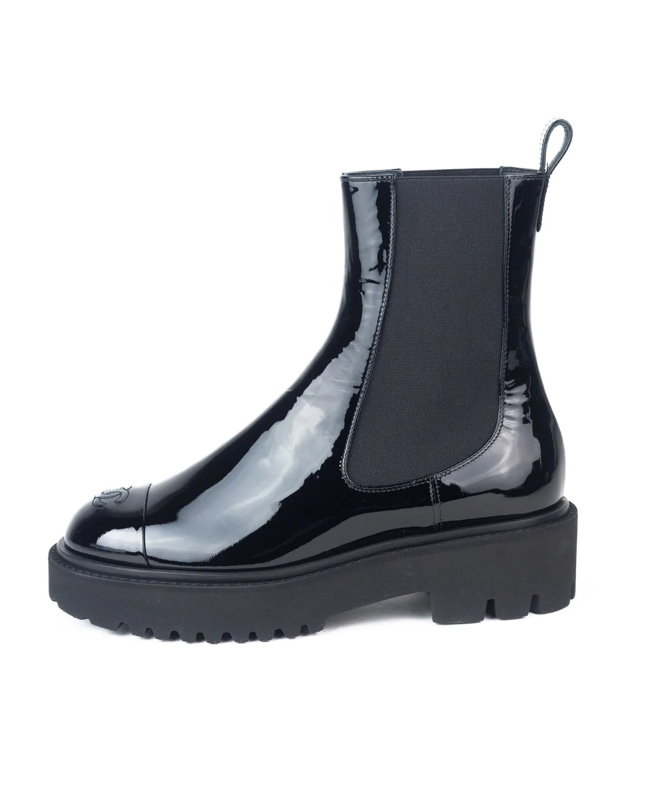 CHANEL PATENT CAP TOE CC ANKLE BOOTS