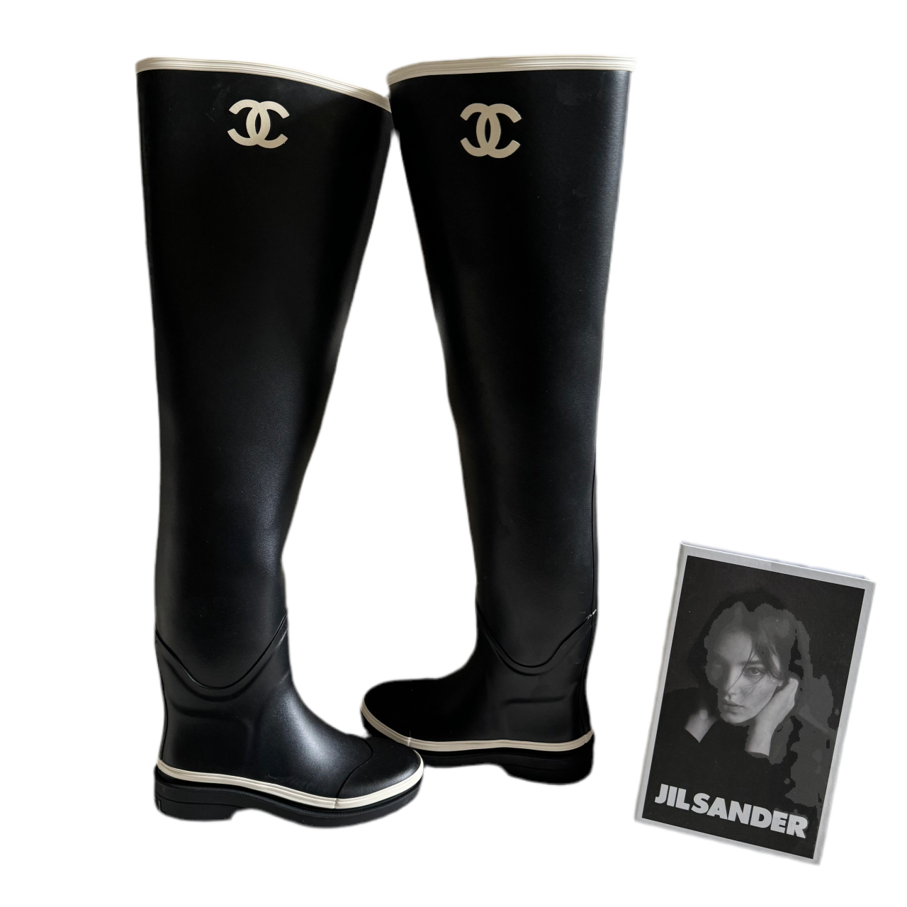 Chanel Rubber Over the Knee Boots in Black and White with CC Logo 36 Limited Edition