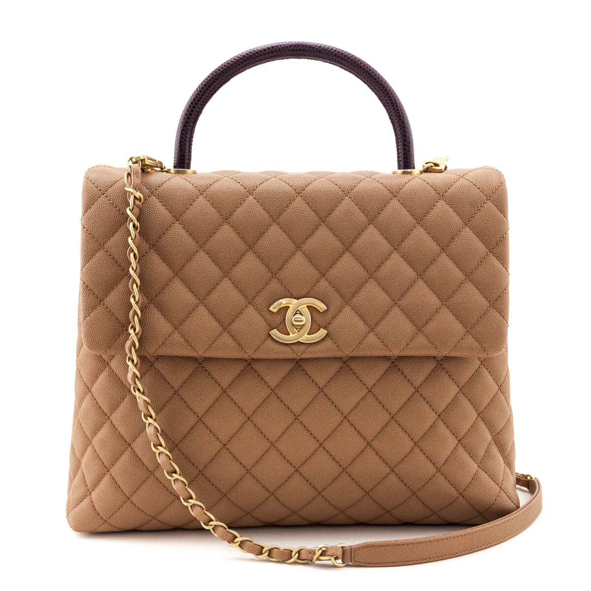 Chanel Beige Caviar & Lizard Quilted Large Coco Handle Flap Bag
