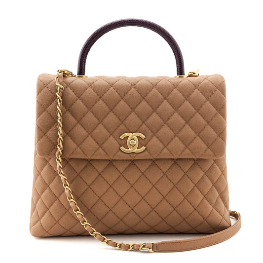 Chanel Beige Caviar & Lizard Quilted Large Coco Handle Flap Bag