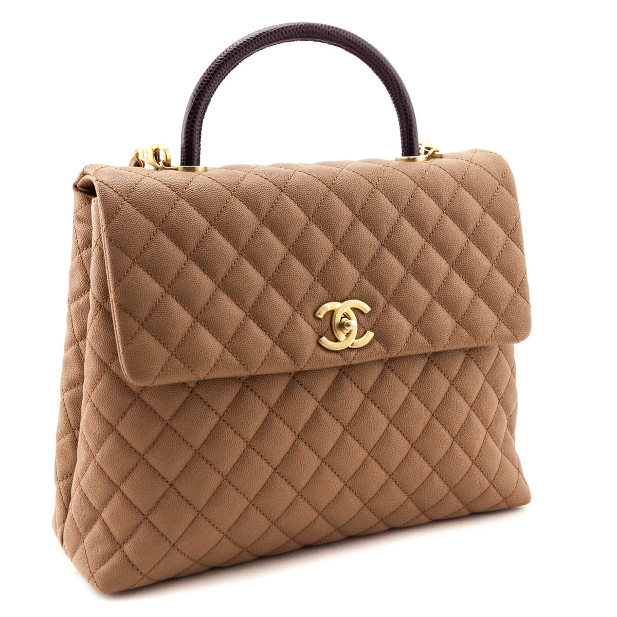 Chanel Beige Caviar & Lizard Quilted Large Coco Handle Flap Bag