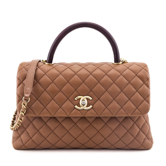Chanel Beige Caviar & Lizard Quilted Medium Coco Handle Flap Bag