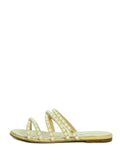 Chanel Beige Leather Faux Pearl Open Toe Flat Sandals sz 38