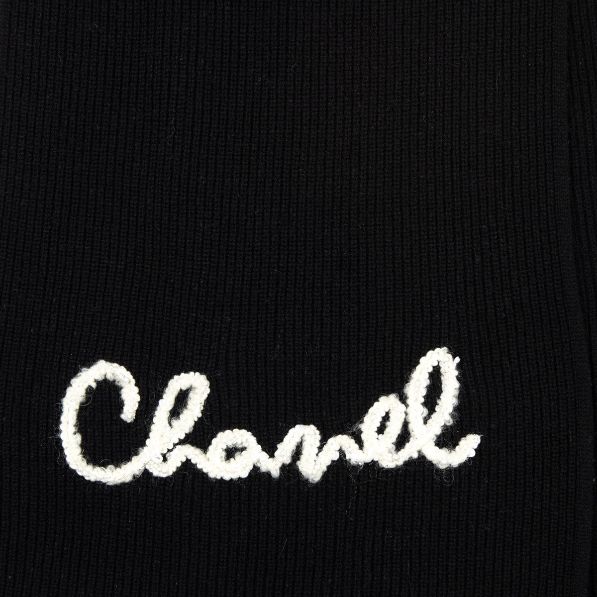 Chanel Black Cashmere Knit Pearl Embellished Logo Scarf