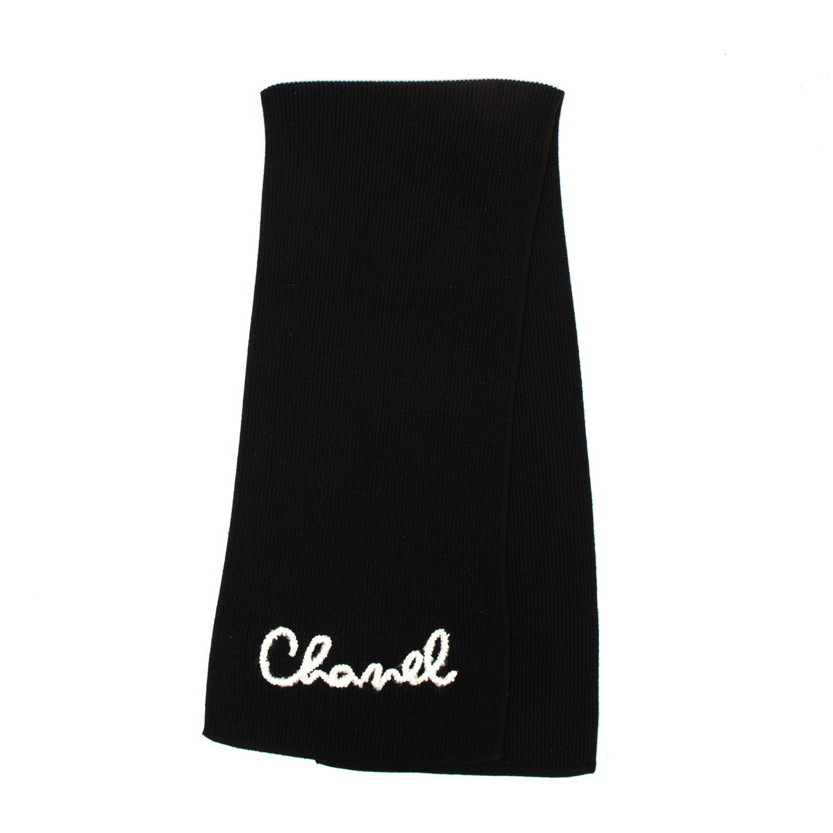 Chanel Black Cashmere Knit Pearl Embellished Logo Scarf