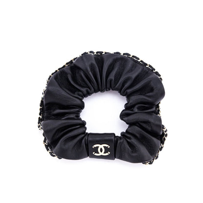 Chanel Black Leather & Chain CC Scrunchie