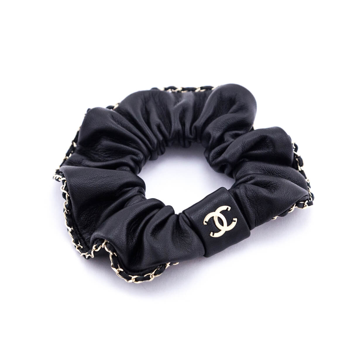 Chanel Black Leather & Chain CC Scrunchie