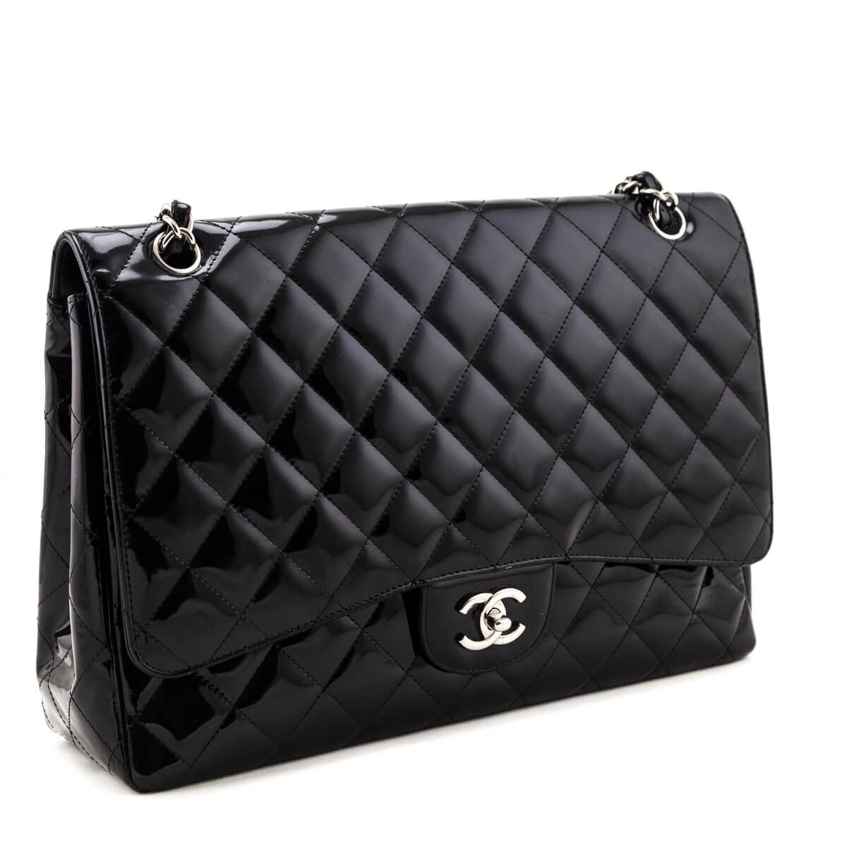 Chanel Black Patent Quilted Jumbo Single Flap