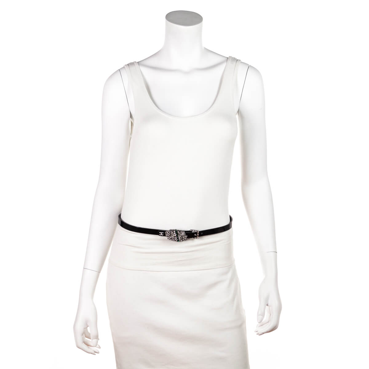 Chanel Black Patent & Strass Skinny Belt Size L