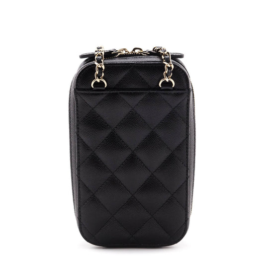 Chanel Black Quilted Caviar Zip Around Chain Phone Case