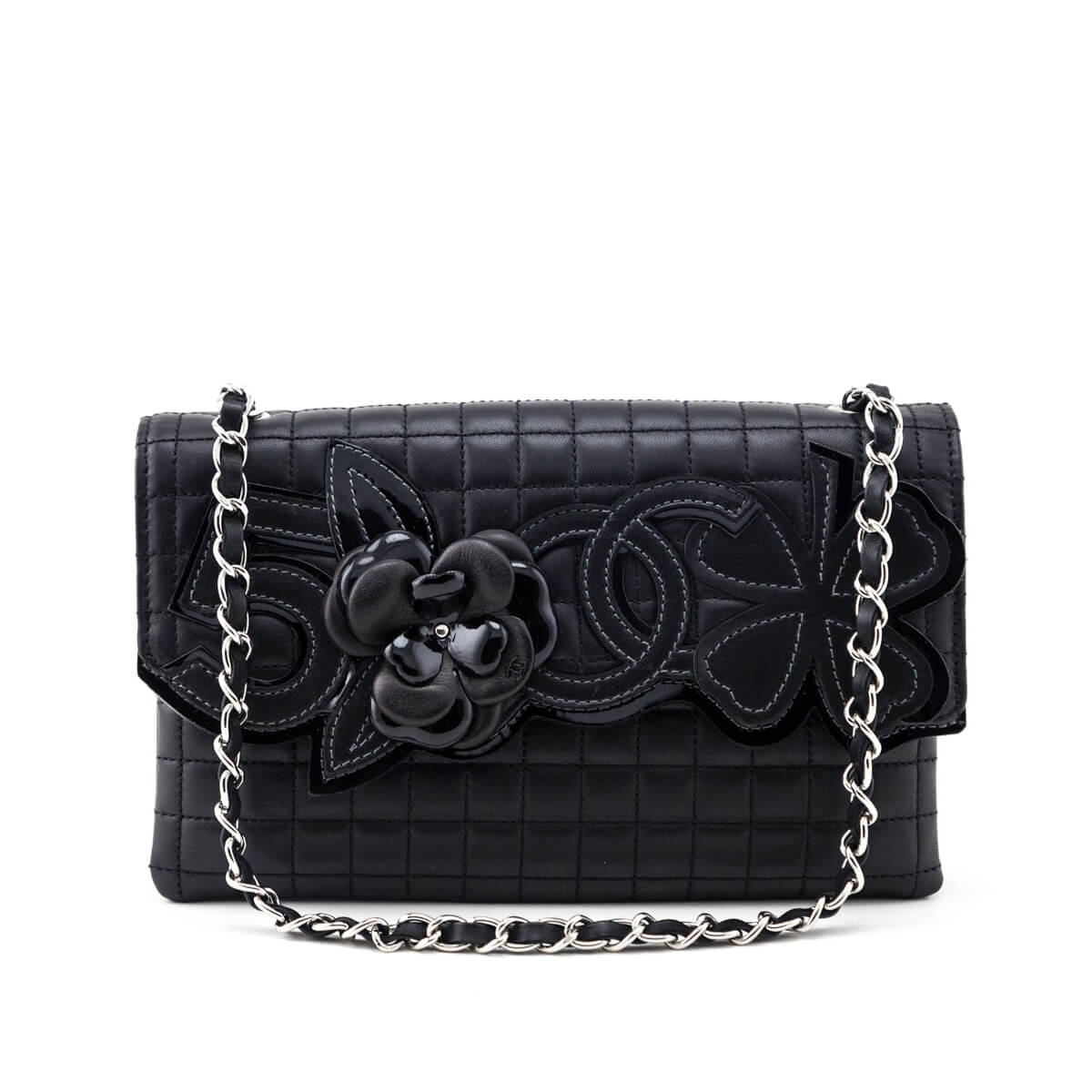 Chanel Black Quilted Lambskin Chocolate Bar Camellia No. 5 Pochette