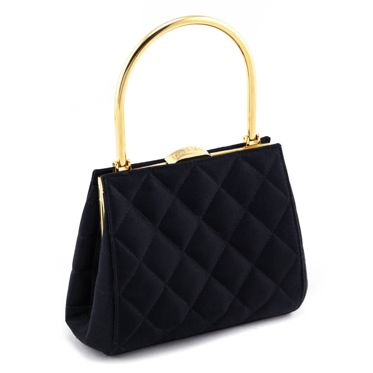 Chanel Black Satin   Quilted Frame Evening Bag