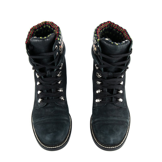 Chanel Black Tweed Lace-Up Combat Boots Size US 11 | EU 41