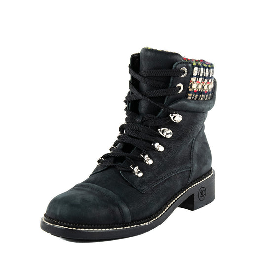 Chanel Black Tweed Lace-Up Combat Boots Size US 11 | EU 41